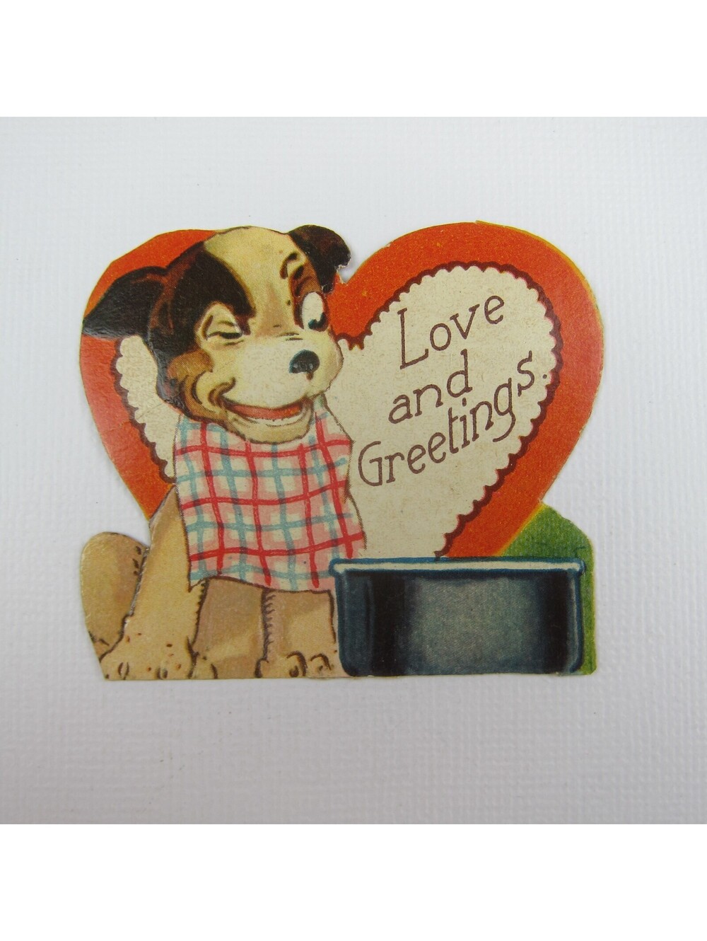 Vintage Valentine Die cut Brown English Pointer Puppy Dog Wears Bib UNSIGNED